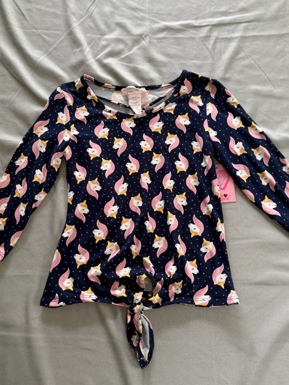 Love Maddie Girls Navy Blue Unicorn Printed Front Tie Shirt Size 7/8 New W/Tag